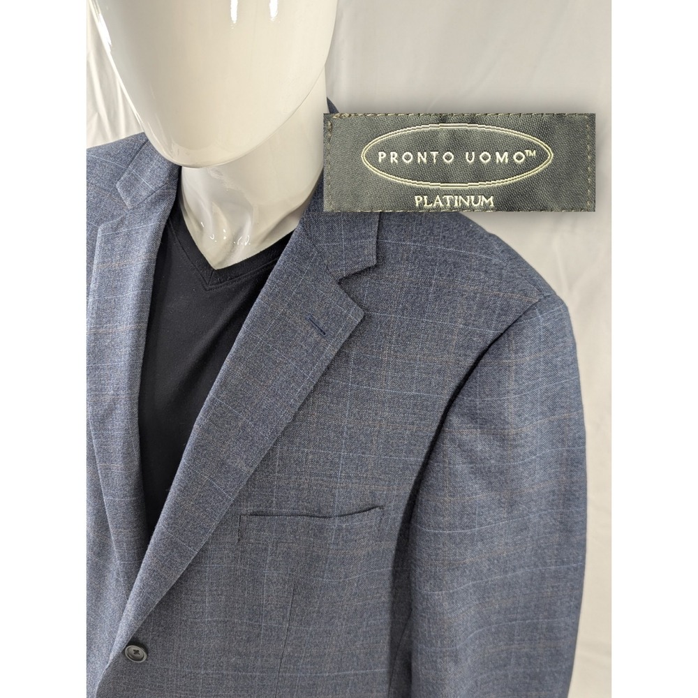 Pronto Uomo Platinum Blazer Sport Coat Suit Jacket Wool Blend Blue Plaid 46R 48"